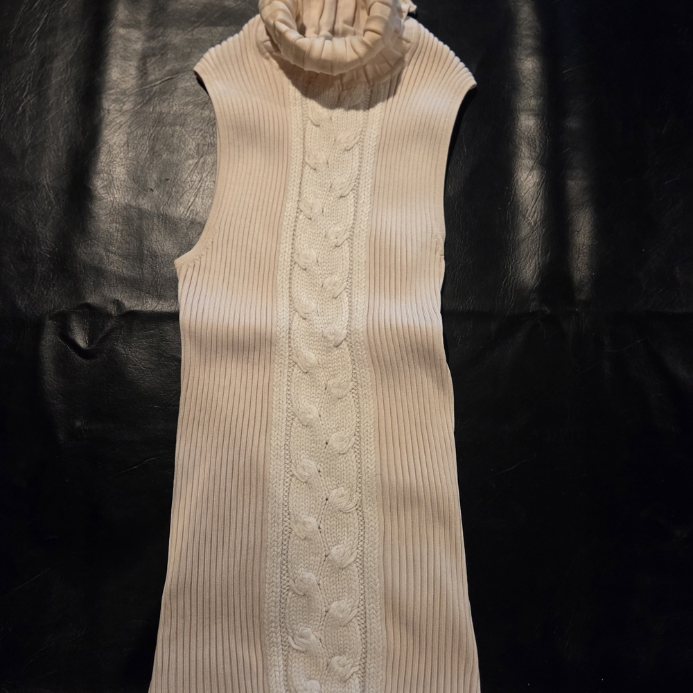 Cache Sleeveless Ribbed Turtleneck Dress in Soft Cream